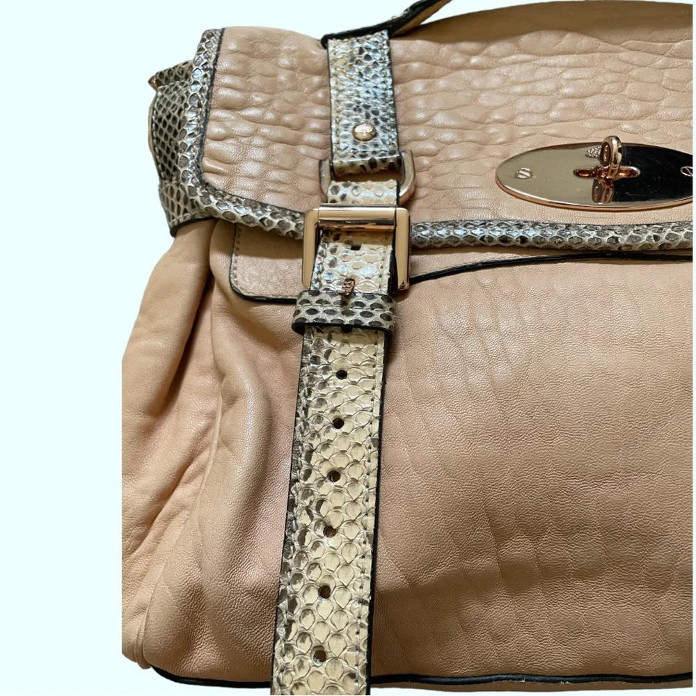 Mulberry Beige Leather Satchel with Snakeskin-Trim